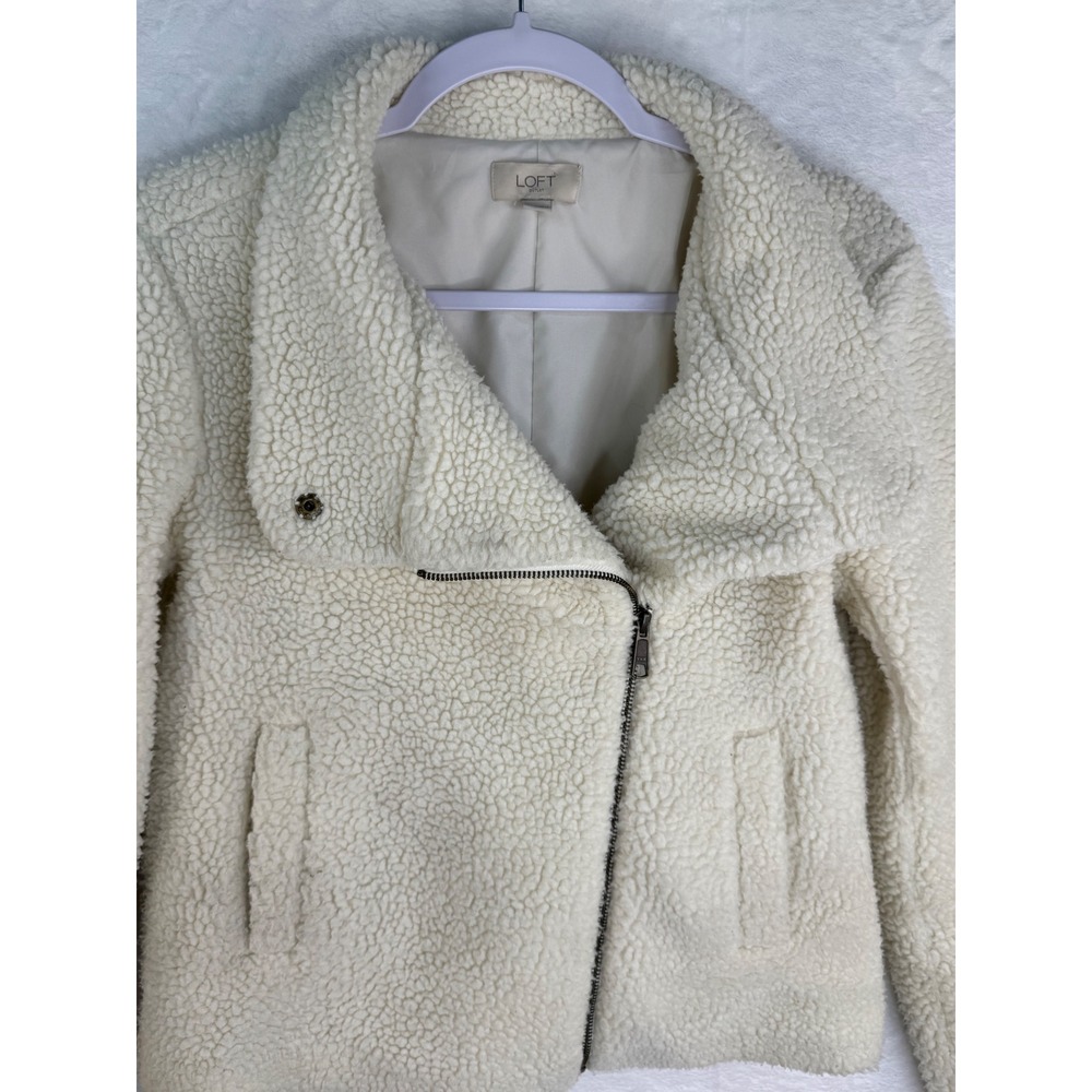 LOFT Outlet Cream Sherpa Moto Jacket Asymmetrical Zip Faux Shearling XS 485441 - Picture 3 of 11